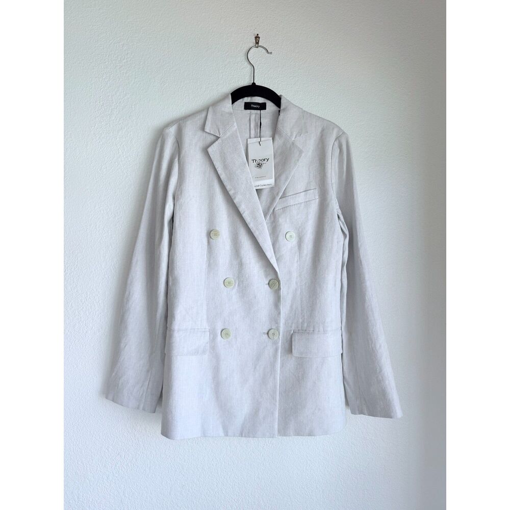 NWT Theory Women's Fitted Sharkskin Crunch Double-Breasted Jacket in Pearl Sz 0 - Picture 6 of 16